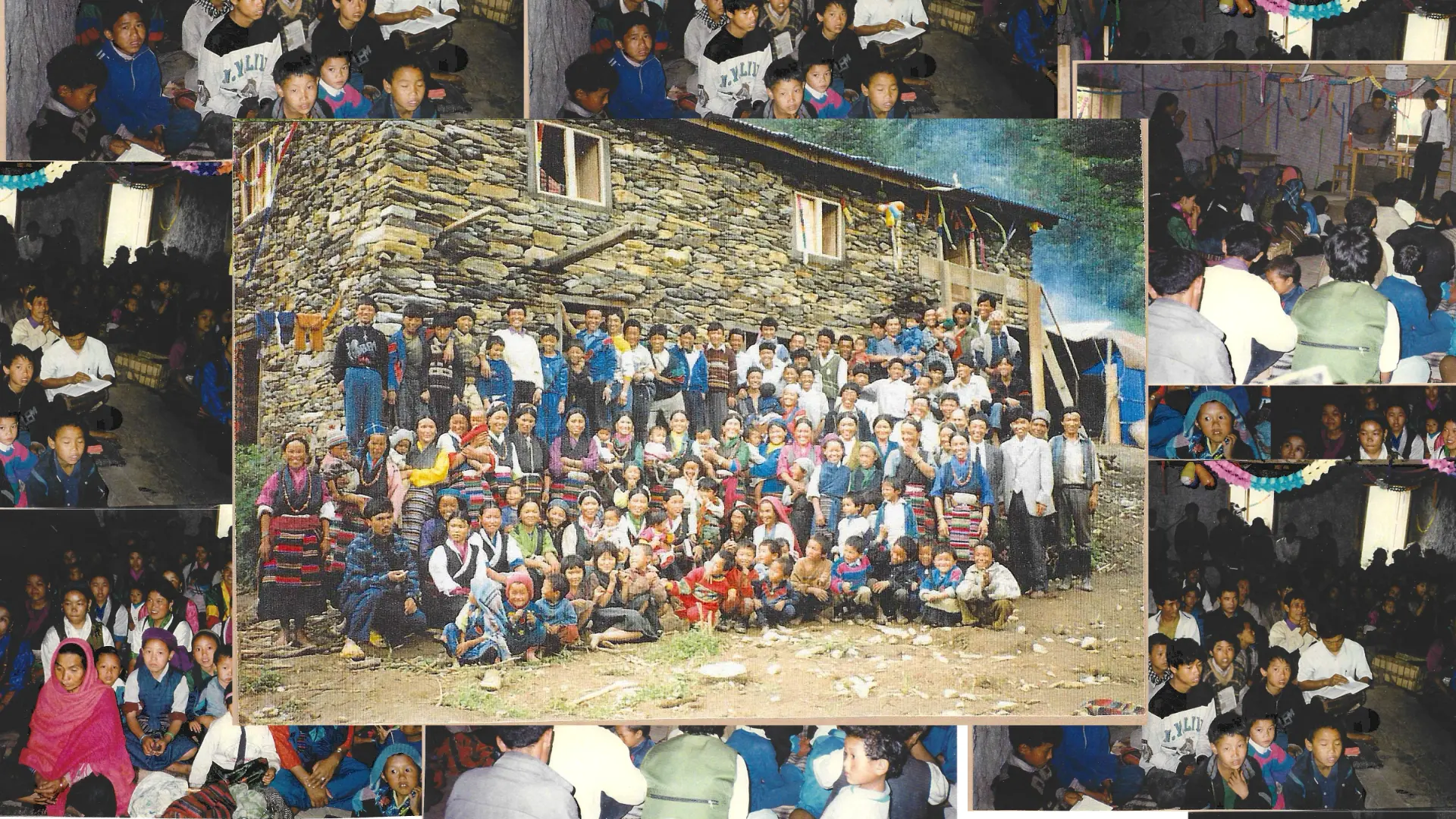 Ghangri Church community gathered outside a stone church building in the Himalayas